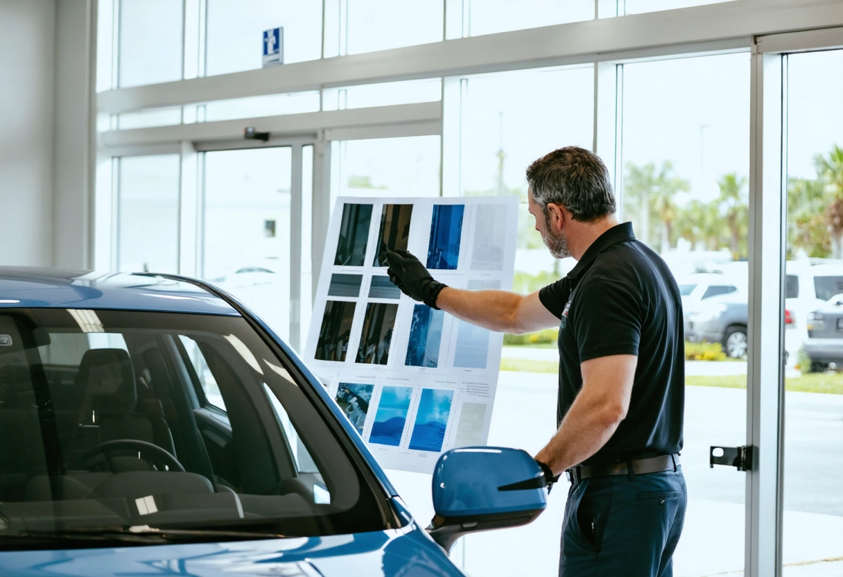 photographic-hero-image-inside-a-pristine-0Yyfh7 Consultant compares window films with car owner in pristine studio