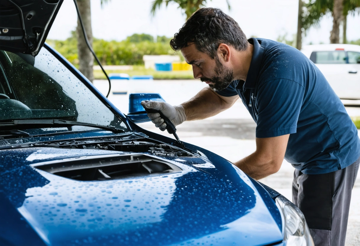 Water droplets spreading unevenly across a vehicle hood