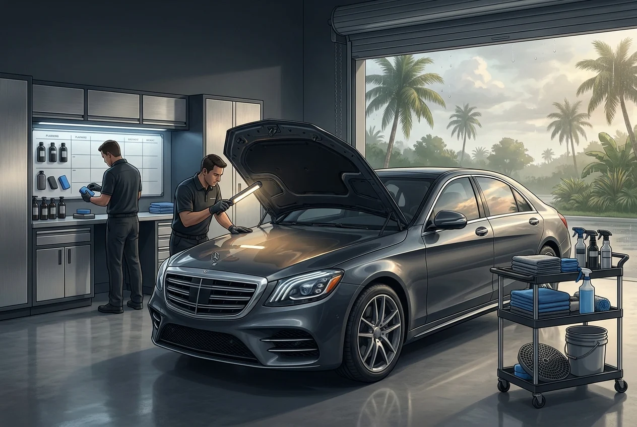 premium-digital-art-hero-image-for-1FHG0b Detailers prepare a luxury sedan in a pristine coastal studio