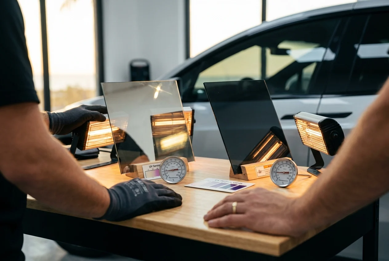 Silver sedan window tint inspected beside heat lamp and film samples
