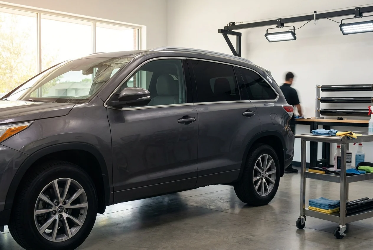 SUV windows show contrasting tint levels while technician measures front glass