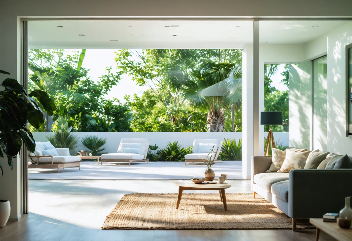 Sunlit coastal living room with subtly tinted window and thermostat