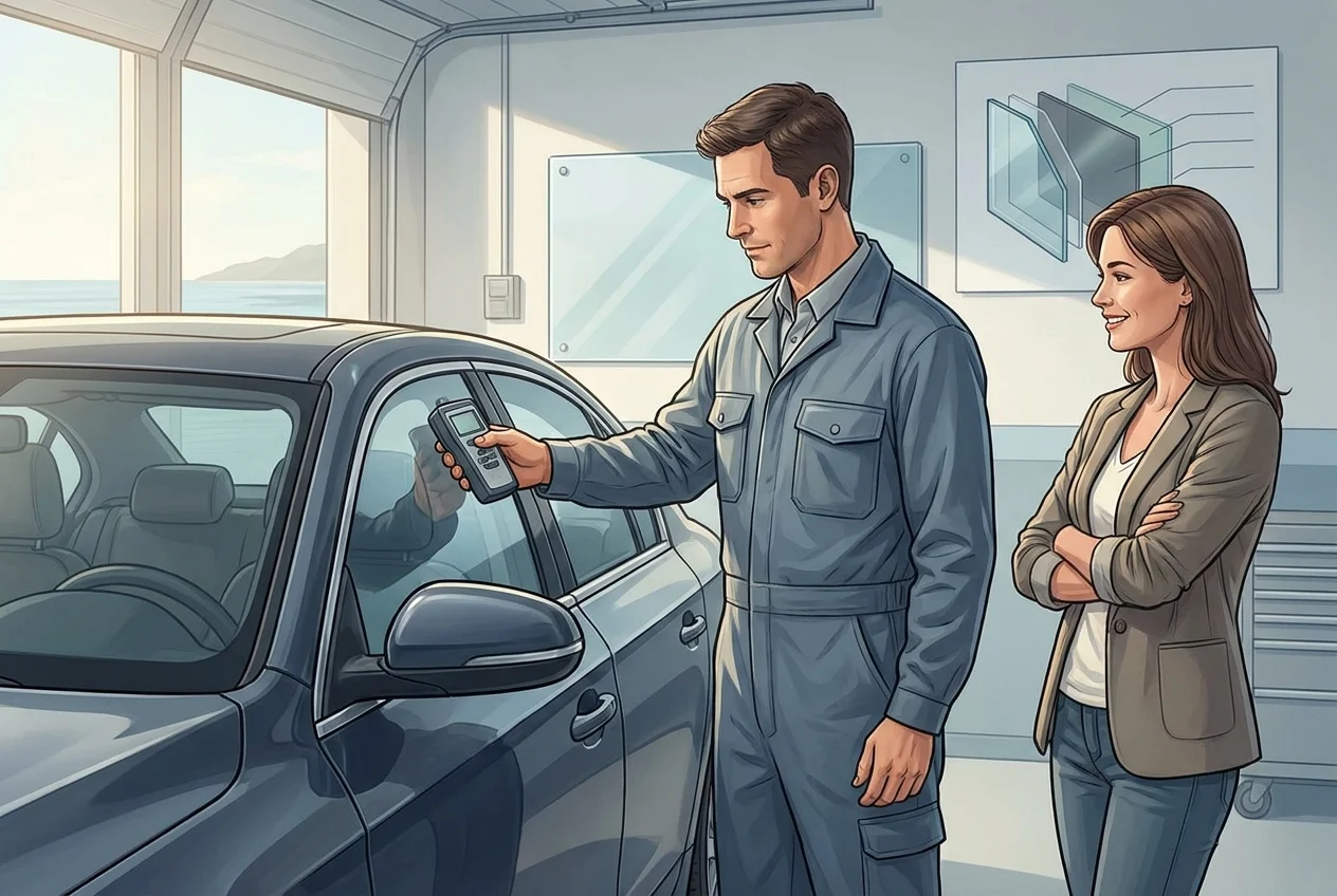 Installer and owner compare automotive glass using light transmission meter